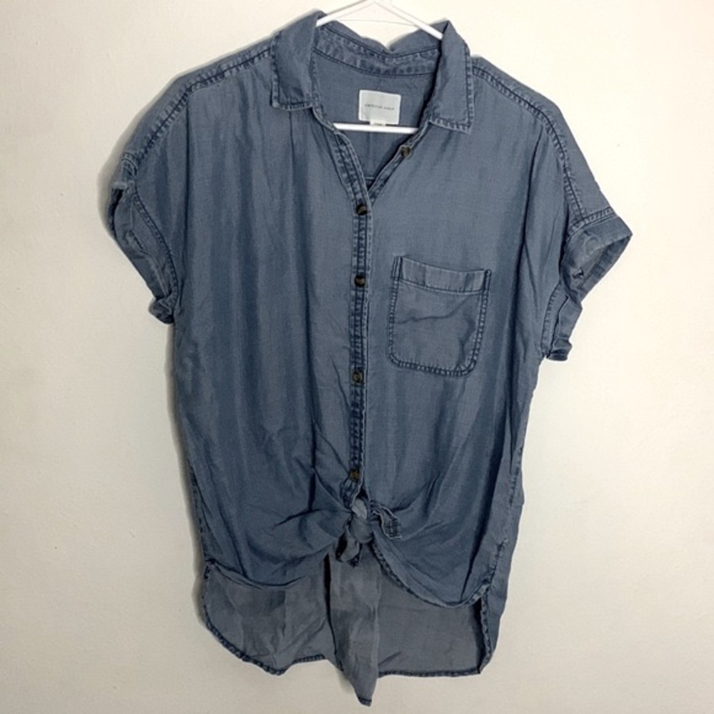 American Eagle Chambray Shirt Womens Small Button Down Short Sleeve Lyocell